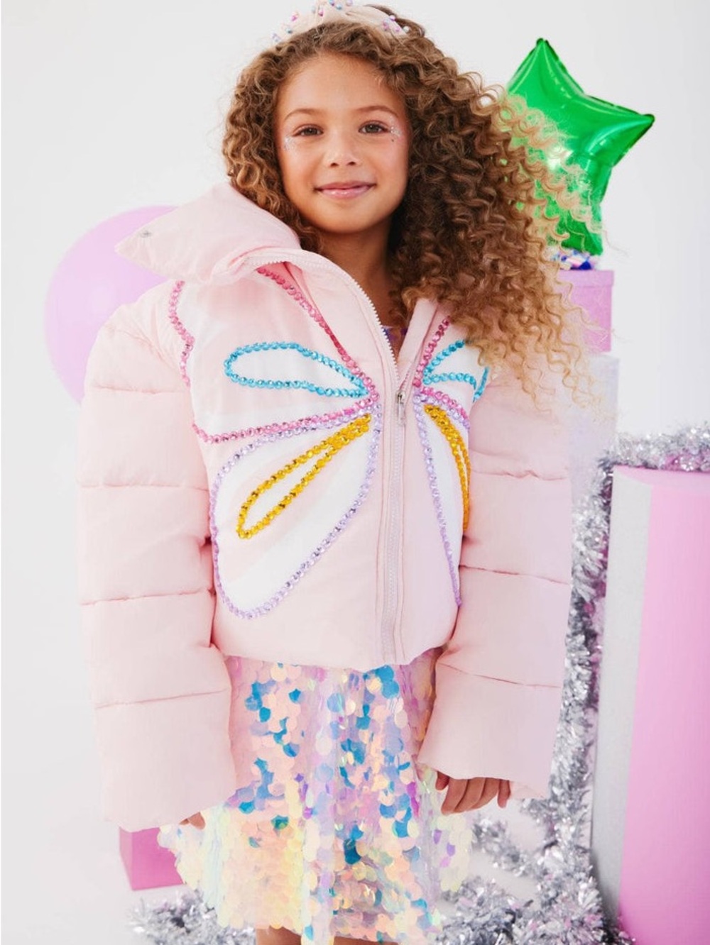 Lola + The Boys Pastel Pink Butterfly magic Sequin Puffer Jacket - Picture 3 of 9